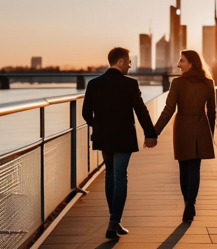 Ein Paar spaziert bei Sonnenuntergang an der Mainpromenade in Frankfurt.