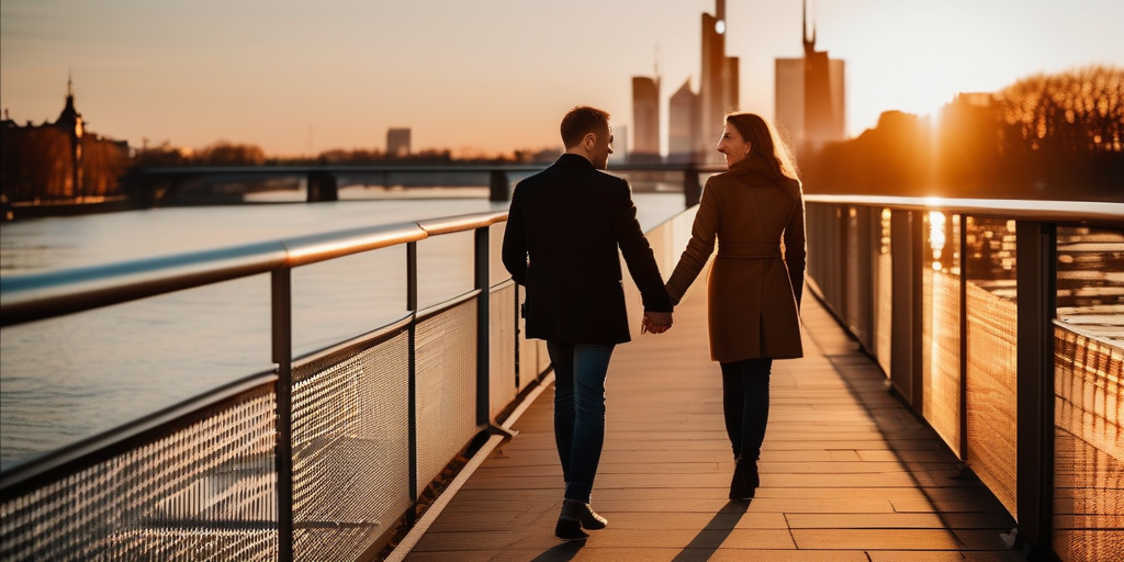 Ein Paar spaziert bei Sonnenuntergang an der Mainpromenade in Frankfurt.