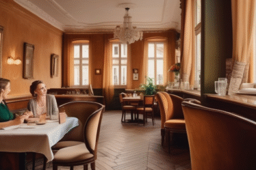 Gemütliches Wiener Kaffeehaus mit zwei Frauen, die sich unterhalten.