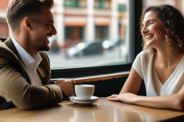 Ein junger Mann und Frau lachen bei einem Kaffee, wobei ihre Körpersprache eine Verbundenheit signalisiert.