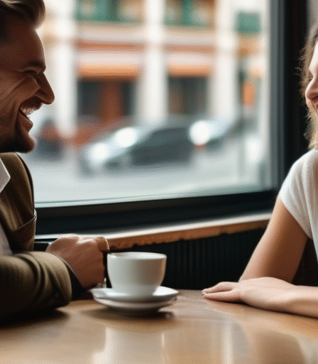 Ein junger Mann und Frau lachen bei einem Kaffee, wobei ihre Körpersprache eine Verbundenheit signalisiert.