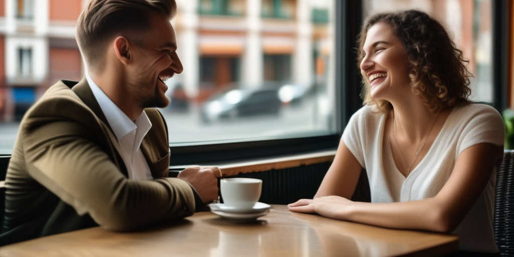 Ein junger Mann und Frau lachen bei einem Kaffee, wobei ihre Körpersprache eine Verbundenheit signalisiert.
