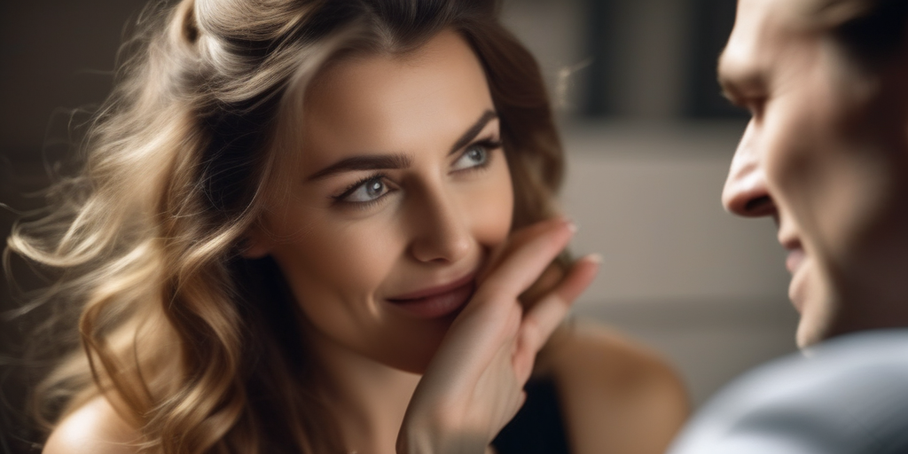 Nahaufnahme einer Frau, die spielerisch mit ihren Haaren spielt während eines Gesprächs mit einem Mann, was eine flirtende und leicht nervöse Atmosphäre schafft.