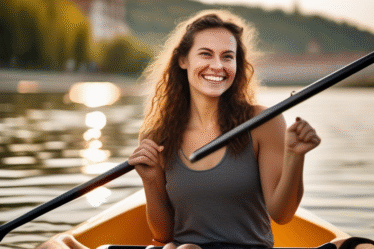 Eine junge Frau lächelt und hält ein Kajakpaddel auf der Donau in Linz.