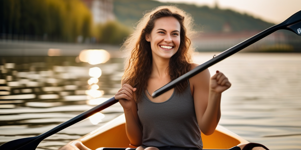 Eine junge Frau lächelt und hält ein Kajakpaddel auf der Donau in Linz.
