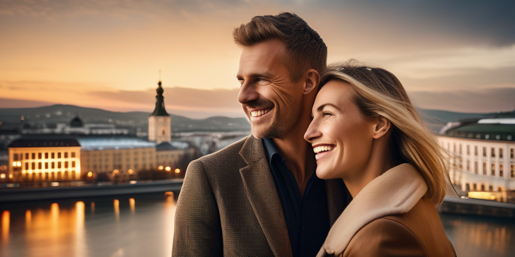 Gesichter eines Mannes und einer Frau, überlagert mit der Skyline von Linz.