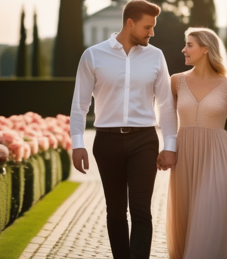 Ein Paar spaziert durch einen wunderschönen Rosengarten in Linz.