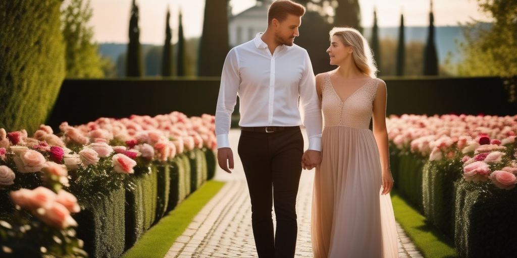 Ein Paar spaziert durch einen wunderschönen Rosengarten in Linz.