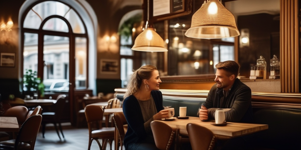 Gemütliches Café in Linz mit einem Paar, das Kaffee und Kuchen genießt.