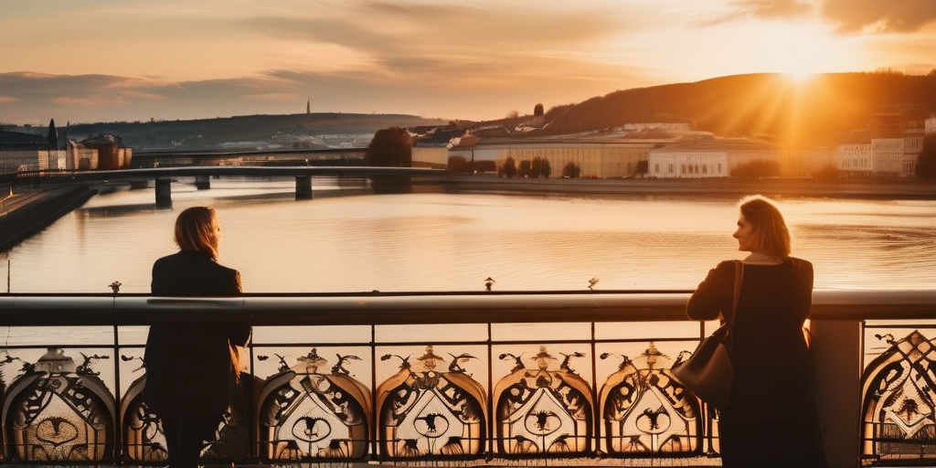Ein Paar mit Blick auf Linz bei Sonnenuntergang.