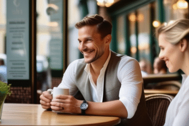 Ein charmantes Café in Salzburg, Mann und Frau im Gespräch.