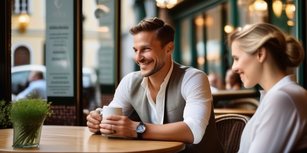 Ein charmantes Café in Salzburg, Mann und Frau im Gespräch.