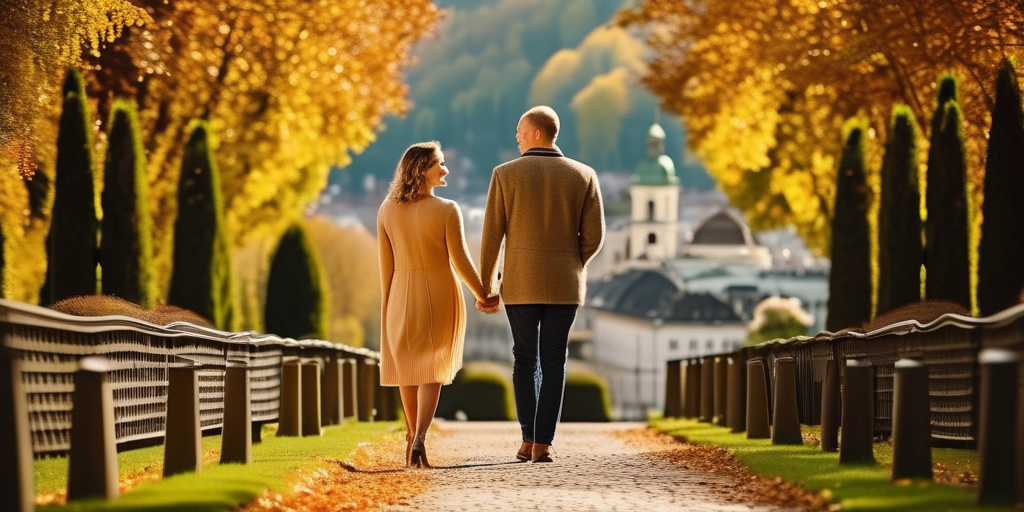 Paar spaziert Hand in Hand durch die Mirabellgärten in Salzburg.