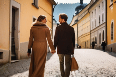 Ein Pärchen flaniert Hand in Hand durch die Gassen von Salzburg.