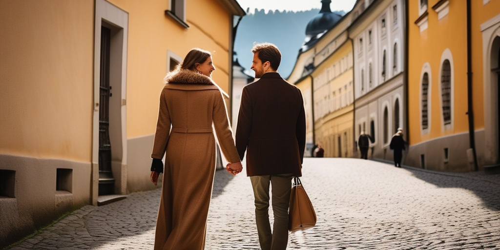 Ein Pärchen flaniert Hand in Hand durch die Gassen von Salzburg.