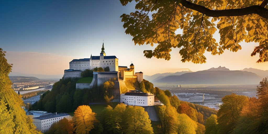 Blick auf die Festung Hohensalzburg bei Sonnenuntergang.