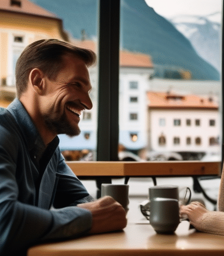 Ein Mann und eine Frau unterhalten sich in einem Café in Innsbruck, Österreich.