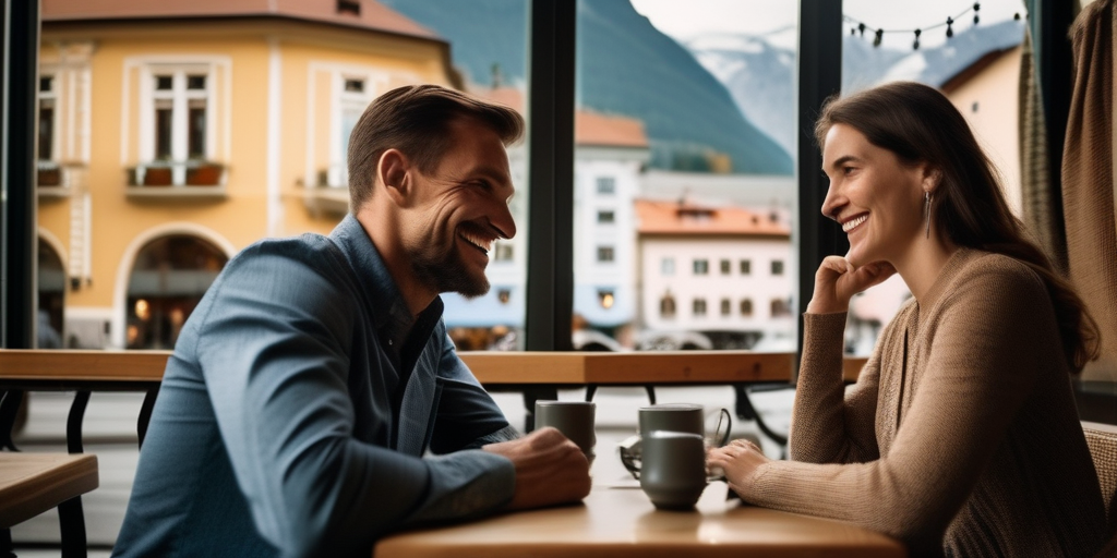 Ein Mann und eine Frau unterhalten sich in einem Café in Innsbruck, Österreich.