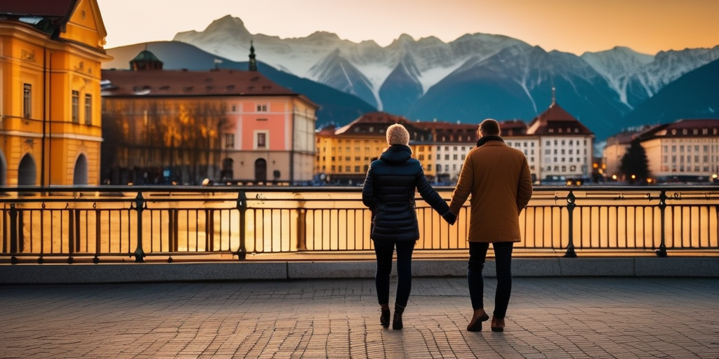 Eine malerische Ansicht des Goldenen Dachls in Innsbruck bei Sonnenuntergang.