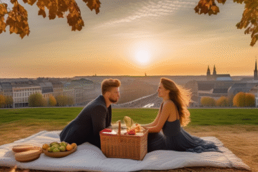 Ein Paar genießt ein Picknick mit Panoramablick auf Brüssel vom Mont des Arts.