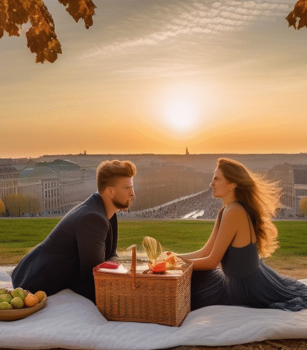 Ein Paar genießt ein Picknick mit Panoramablick auf Brüssel vom Mont des Arts.
