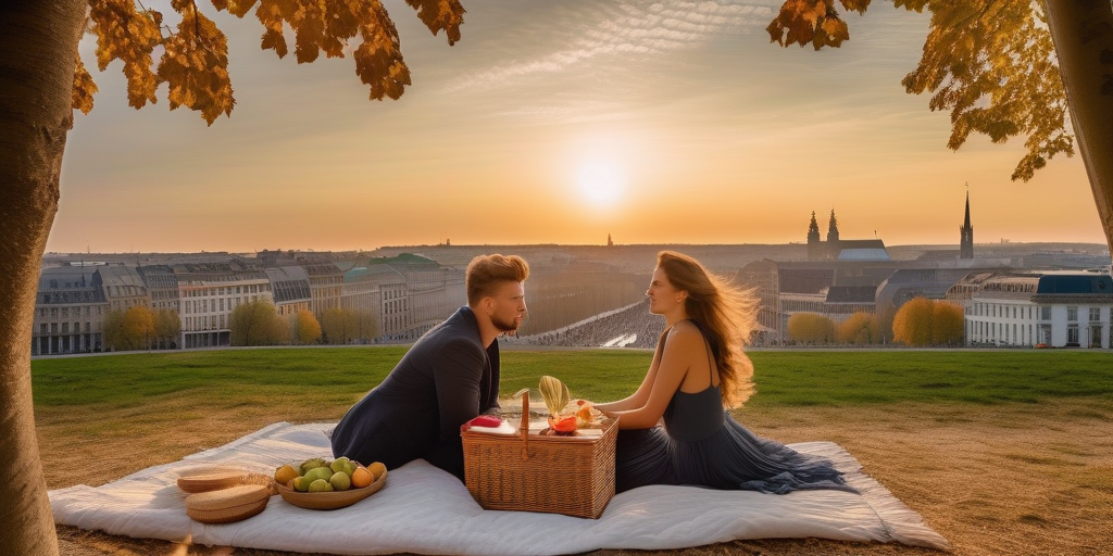 Ein Paar genießt ein Picknick mit Panoramablick auf Brüssel vom Mont des Arts.