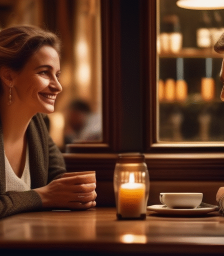 Gemütliches Café in Brüssel mit zwei Personen am Tisch.