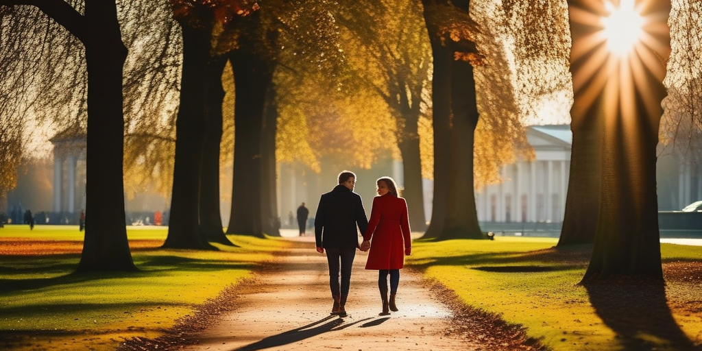 Ein Paar spaziert Hand in Hand durch den Parc du Cinquantenaire.