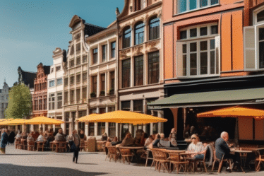 Straßenszene in Antwerpen mit Menschen, die sich in Cafés unterhalten.