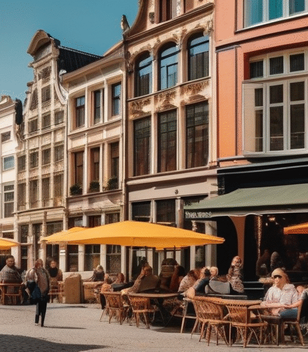 Straßenszene in Antwerpen mit Menschen, die sich in Cafés unterhalten.