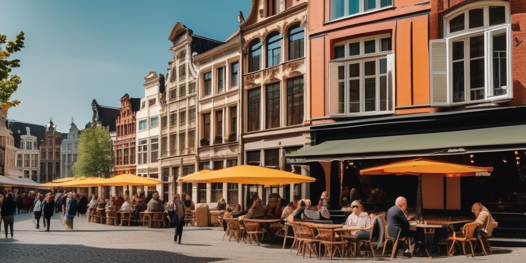 Straßenszene in Antwerpen mit Menschen, die sich in Cafés unterhalten.