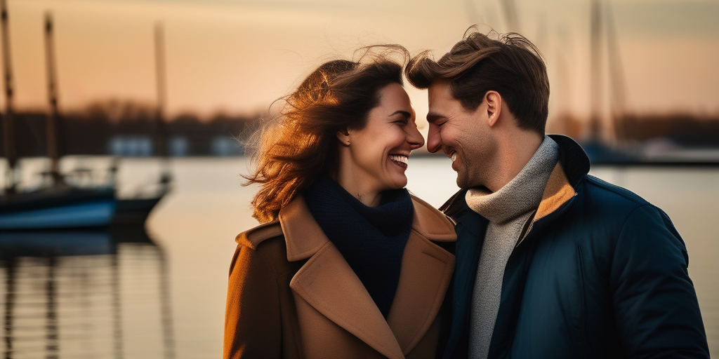 Ein Paar lacht und macht einen romantischen Spaziergang an der Schelde in Antwerpen.