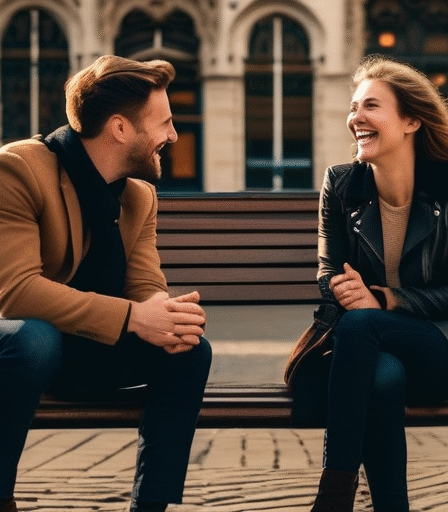 Ein Paar lacht und unterhält sich auf einer Bank auf dem Grote Markt in Antwerpen.