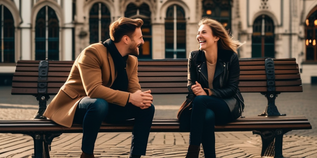 Ein Paar lacht und unterhält sich auf einer Bank auf dem Grote Markt in Antwerpen.