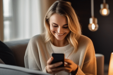 Eine junge Frau nutzt selbstbewusst eine Dating-App zu Hause.