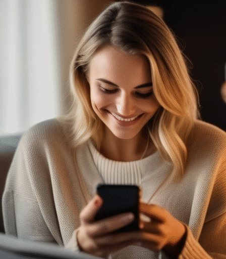 Eine junge Frau nutzt selbstbewusst eine Dating-App zu Hause.