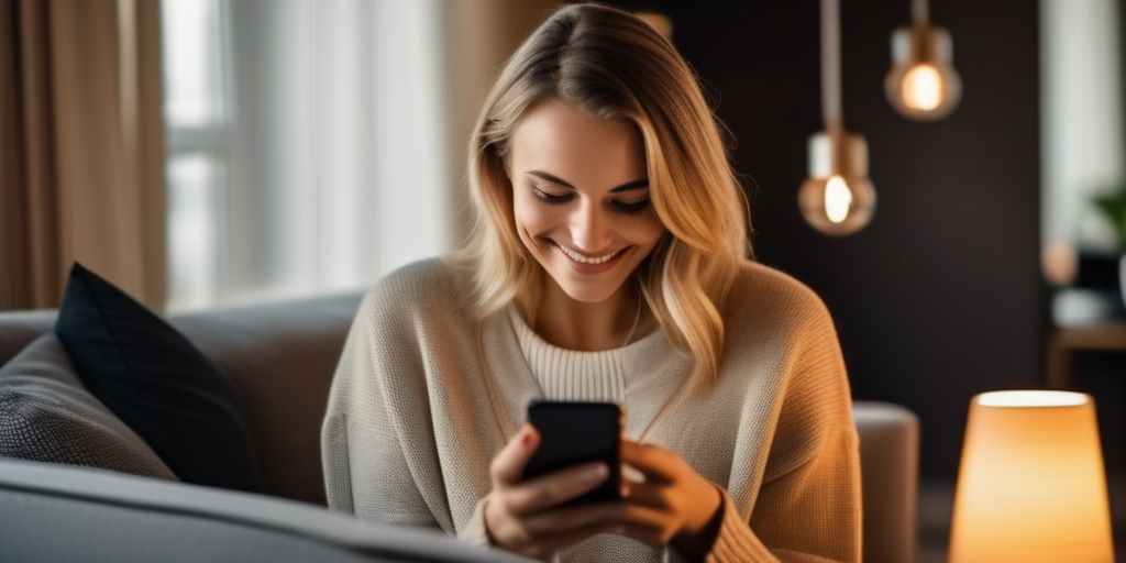 Eine junge Frau nutzt selbstbewusst eine Dating-App zu Hause.