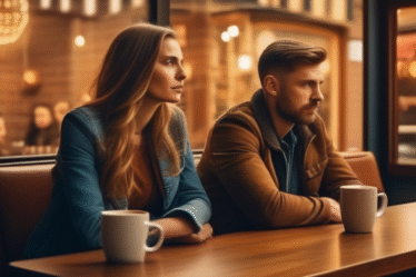 Ein Paar sitzt in einem Café und wirkt nervös und unsicher.