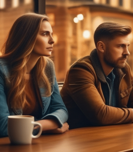 Ein Paar sitzt in einem Café und wirkt nervös und unsicher.