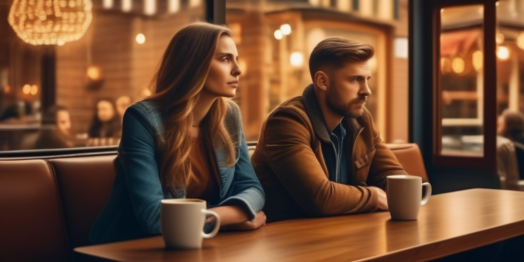 Ein Paar sitzt in einem Café und wirkt nervös und unsicher.