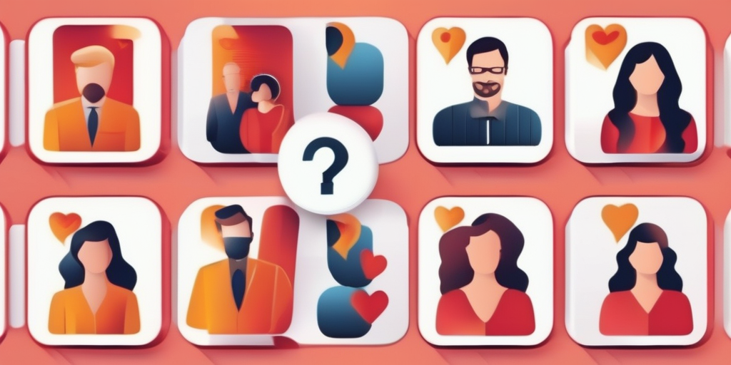 Abstrakte Illustration von Online-Dating-Profilen mit Fragezeichen und Warnsymbolen.
