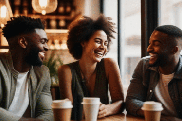 Eine Gruppe von Freunden lacht zusammen in einem Café.