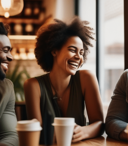 Eine Gruppe von Freunden lacht zusammen in einem Café.