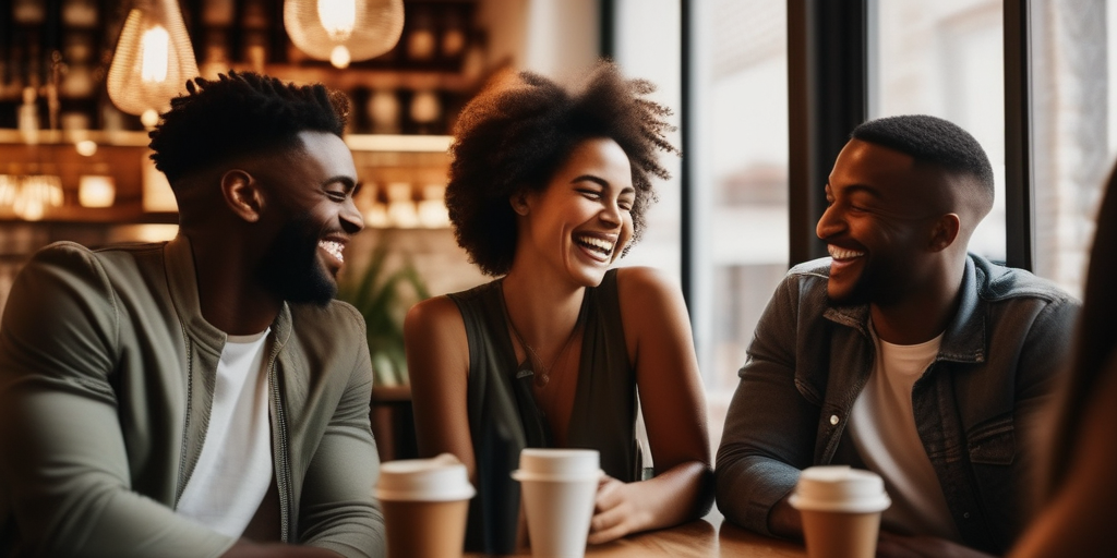 Eine Gruppe von Freunden lacht zusammen in einem Café.