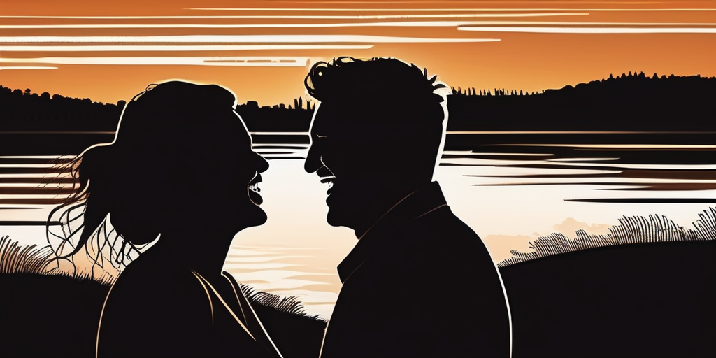 Silhouetten von zwei Personen, die im Sonnenuntergang lachen.