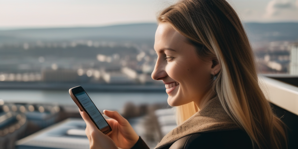 Junge Frau schaut auf ihr Smartphone, Linz im Hintergrund