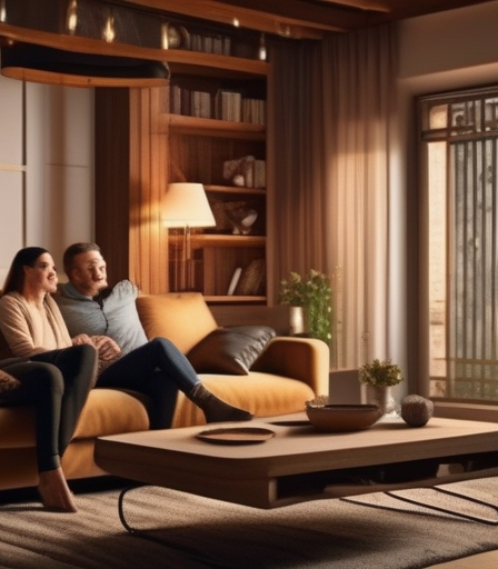 Ein gemütliches Wohnzimmer mit einem Paar, das lacht und spricht.