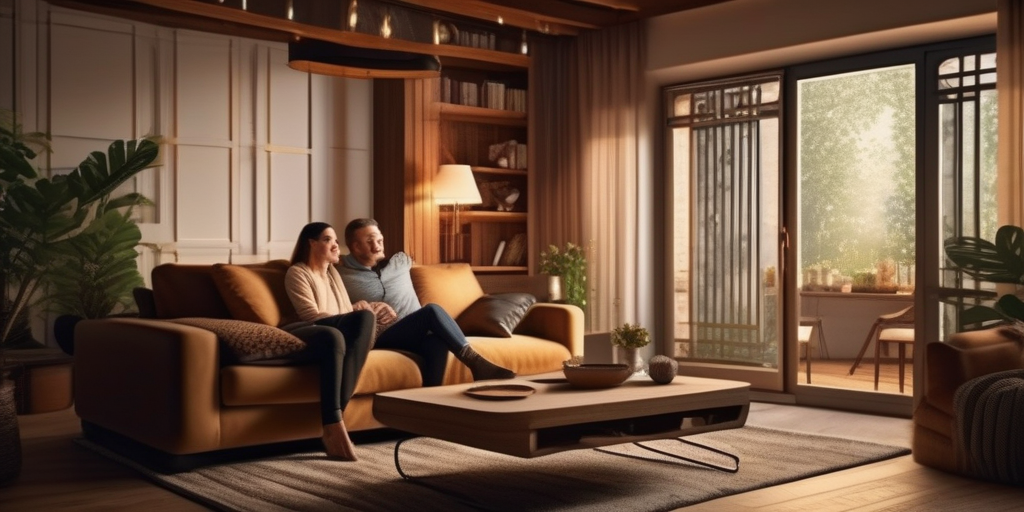 Ein gemütliches Wohnzimmer mit einem Paar, das lacht und spricht.