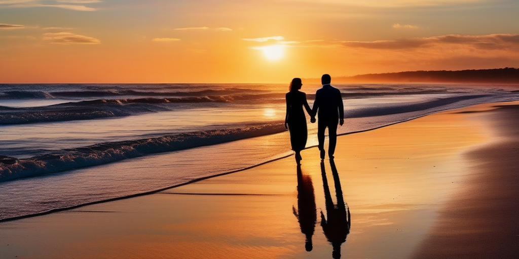 Ein Paar, das Hand in Hand am Strand bei Sonnenuntergang spazieren geht.