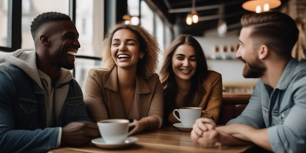 Eine Gruppe verschiedener Menschen lacht und führt ein lockeres Gespräch in einem Café.
